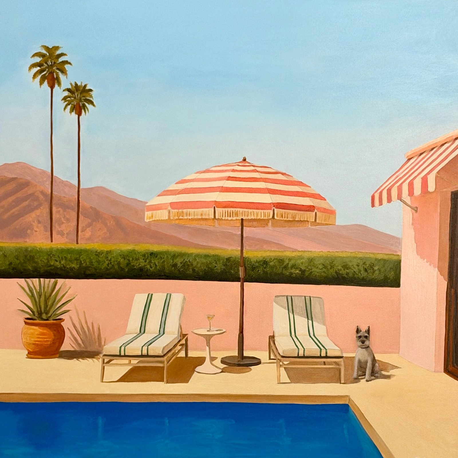 Painting of a Palm Springs pool terrace: two palms, pink mountains, a striped fringed umbrella, two striped chaises, a martini on a side table, and Joey sitting by the far chaise