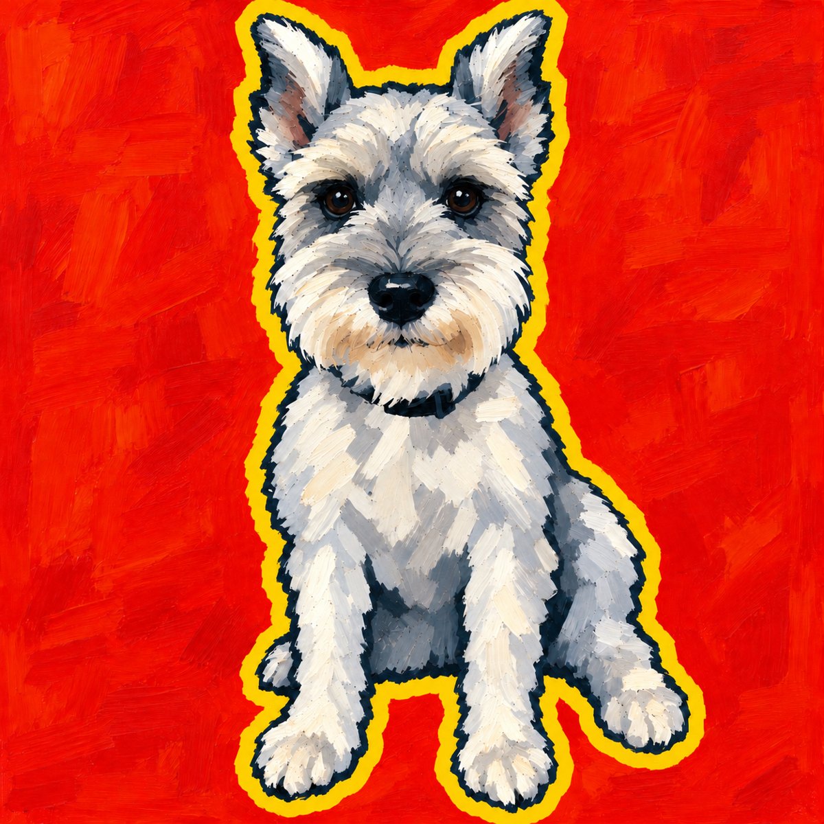 Pop art portrait of Joey sitting, silver and white brushstrokes on a bright red background with a yellow outline